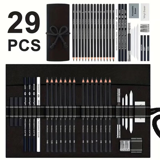 Brutfuner Professional Drawing Pencil Set - 18/29pcs Artist Sketching Kit with Charcoal, Eraser & Sharpener