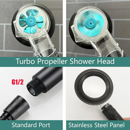 High-Pressure Turbo Propeller Shower Head with Temperature Display and Water-Saving Stop Button - Handheld Bathroom Shower Head