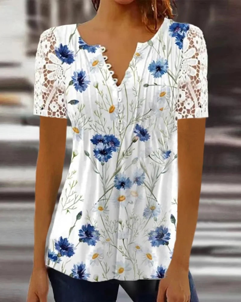 Women’s Summer Floral Lace V-Neck Blouse – Loose Fit Short Sleeve Casual Elegant Printed Fashion Shirt for Spring & Summer Wear