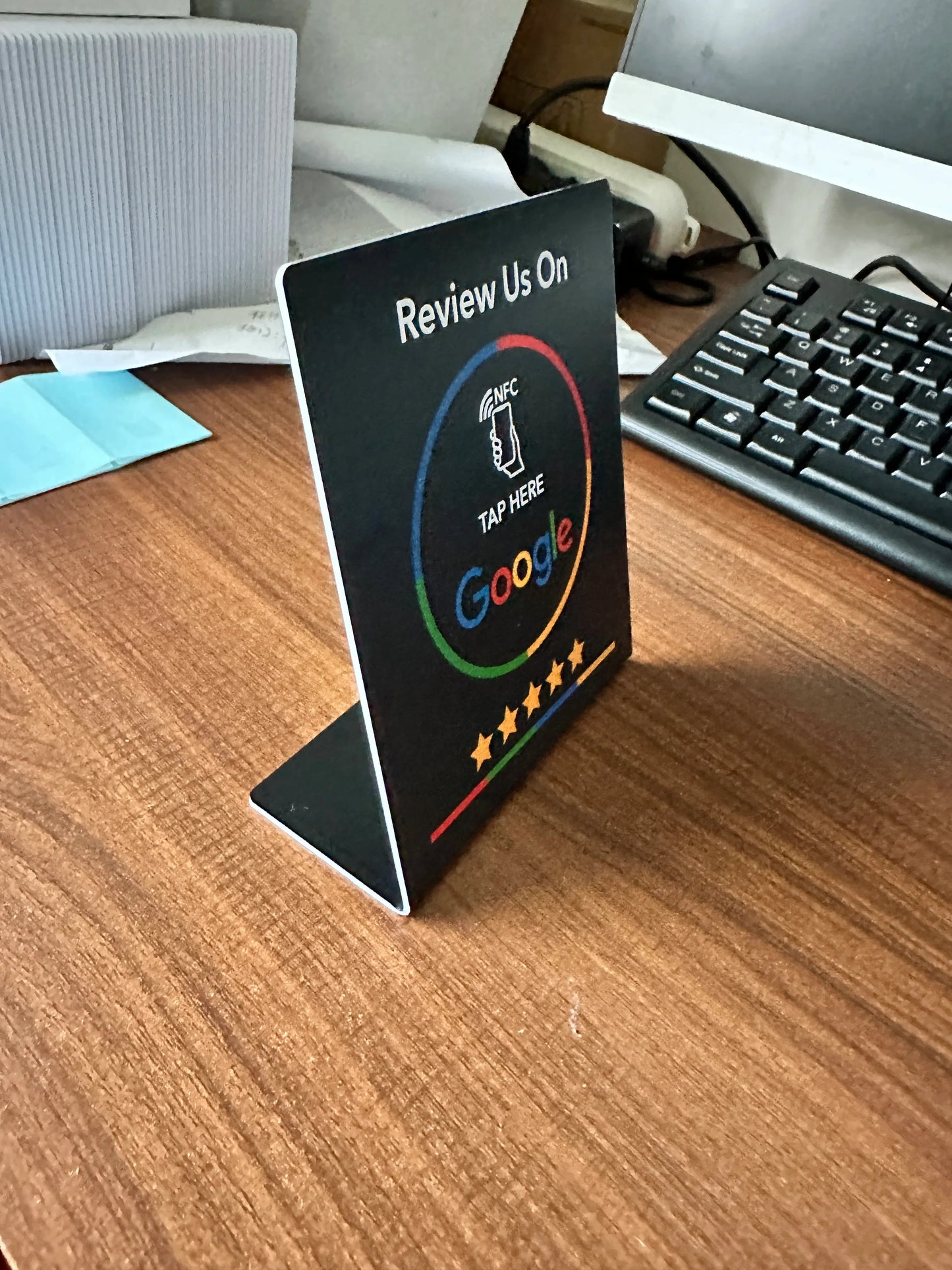 NFC215 Programmable Google Review Acrylic Stickers – 13.56MHz Waterproof NFC Station Table Stand Card