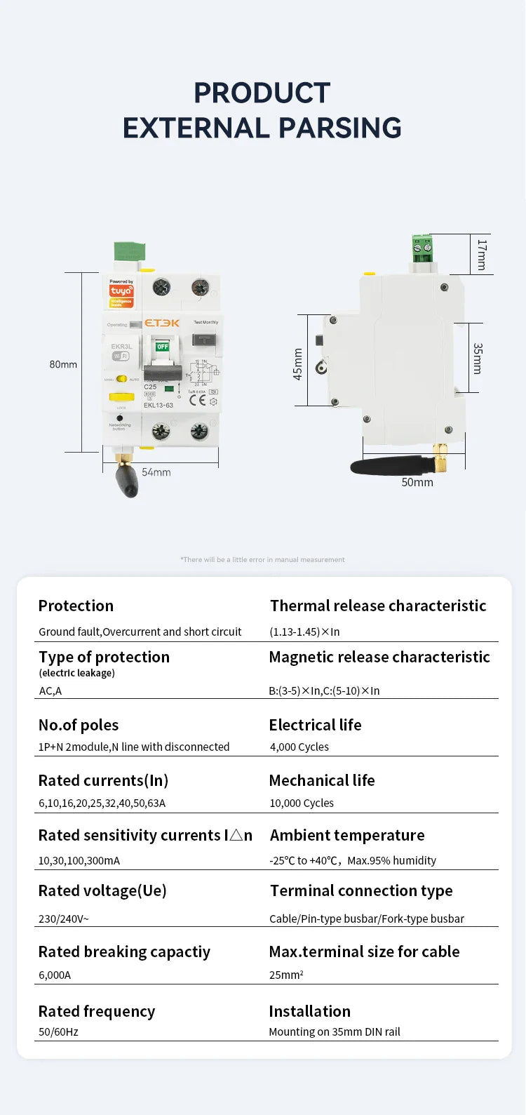 ETEK Tuya WiFi Smart Circuit Breaker RCBO – Remote Control, Short Circuit Protection, Timer, 2P 16A-63A, Smart Life App (EKR3L)