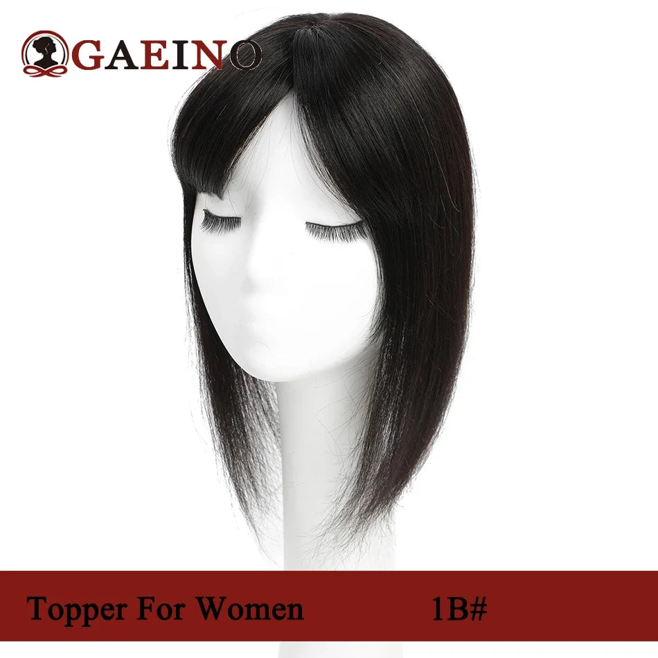 Straight Human Hair Topper With Bangs - Silk Base Clip In Real Hair Extension For Women Chocolate Brown Light Brown