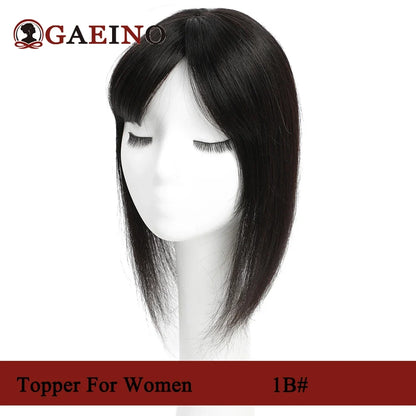 Straight Human Hair Topper With Bangs - Silk Base Clip In Real Hair Extension For Women Chocolate Brown Light Brown