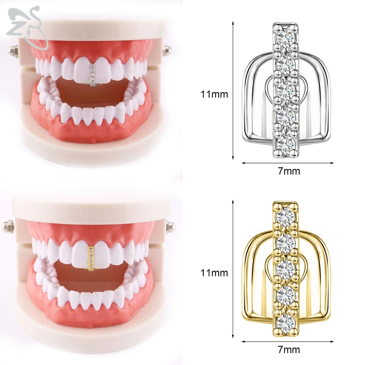 ZS Hip Hop Grillz – Silver/Gold Plated CZ Crystal Cross & Rose Star Tooth Cap, Top & Bottom Set