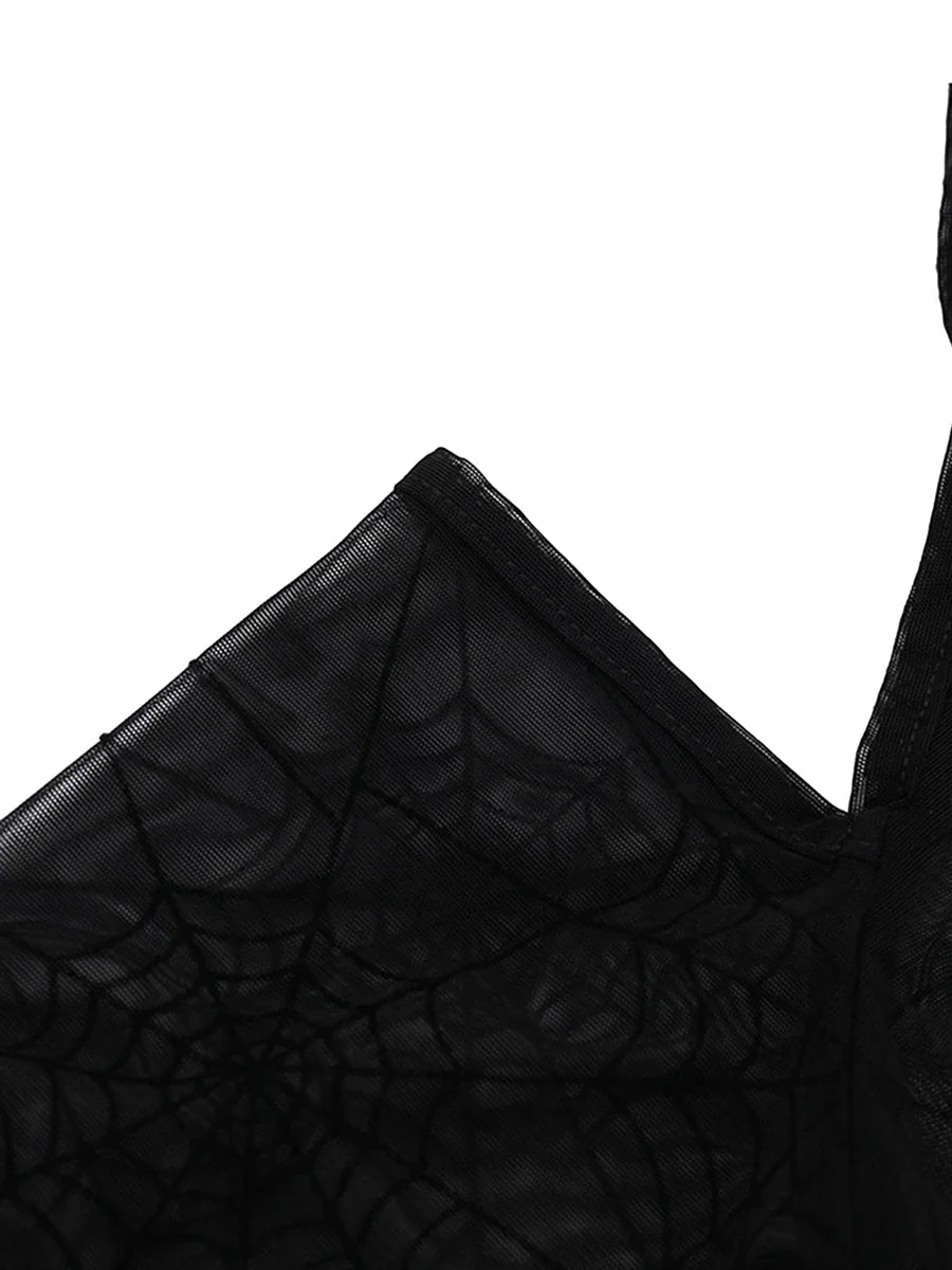 Halloween Women's Bodysuit — Long Sleeve Cold Shoulder Spider Web Romper, Sheer Clubwear Top