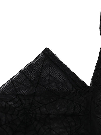 Halloween Women's Bodysuit — Long Sleeve Cold Shoulder Spider Web Romper, Sheer Clubwear Top