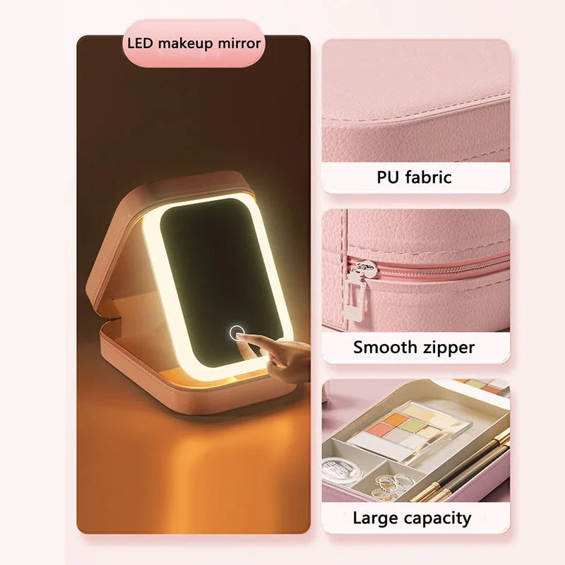 LED Makeup Bag with Mirror – Portable Cosmetic Storage for Women, Small Lipstick & Brush Organizer with Wireless Light