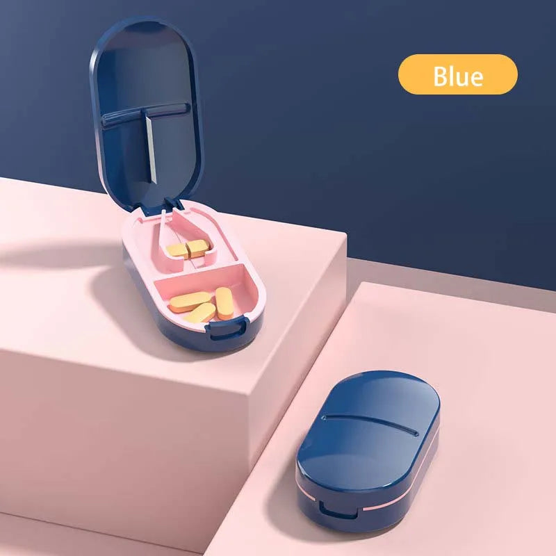 2-in-1 Pill Cutter with Invisible Storage Box – Portable Mini Tablet & Medicine Crusher, Dustproof Divider Organizer