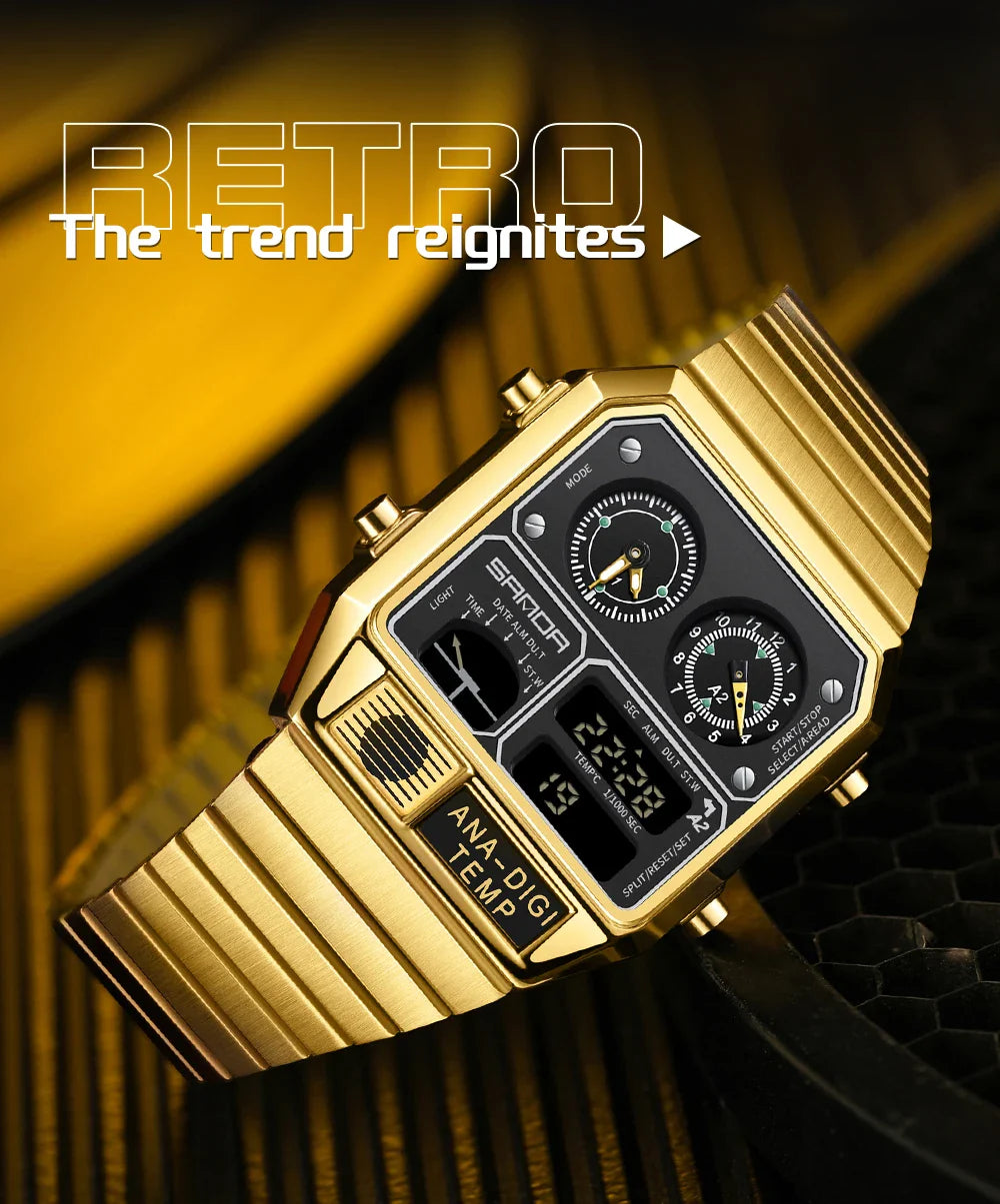 SANDA 3192 Men’s LED Square Watch — Youth Casual Multi-Function Stopwatch Thermometer Chronograph