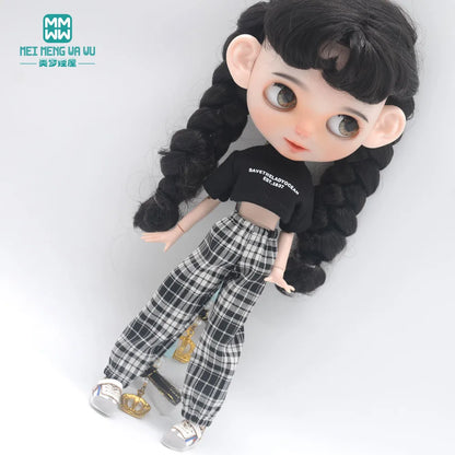 Blythe Doll Clothes – Fashion Tops, Black & White Shirts with Jeans & Plaid Pants for Azone OB22/OB24 Dolls