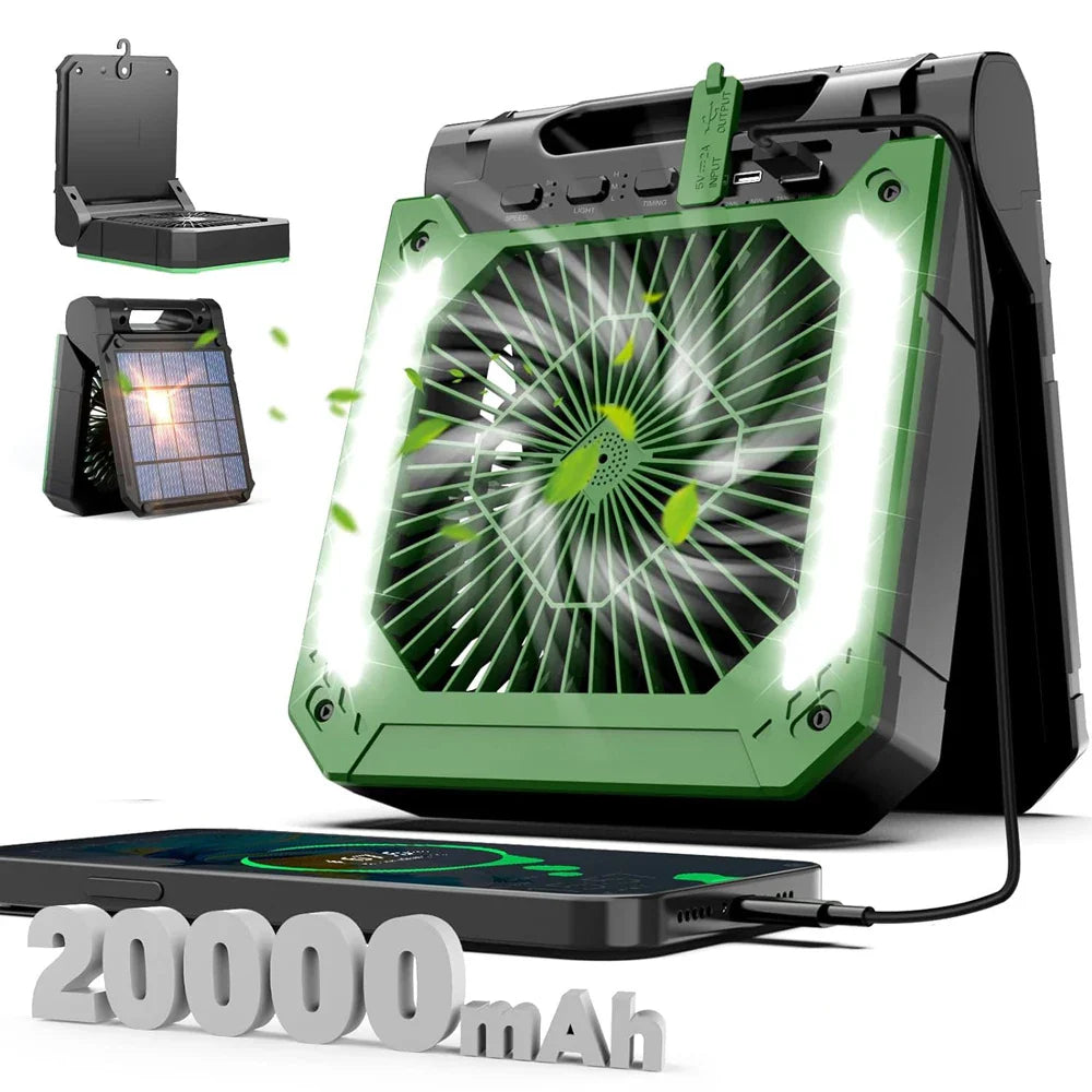 20000mAh Portable Electric Fan with LED Light — USB, Solar & Car Charging for Camping