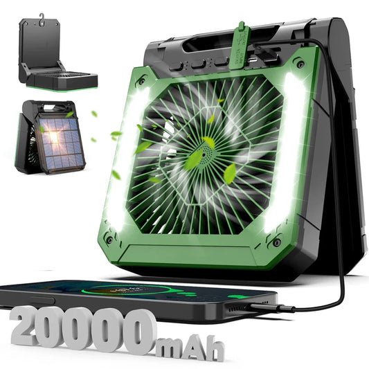 20000mAh Portable Electric Fan with LED Light — USB, Solar & Car Charging for Camping