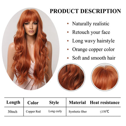 Orange Copper Ginger Long Wavy Synthetic Wig – Red & Yellow Wig with Bangs, Cosplay Body Wave, Heat-Resistant Hair for Women