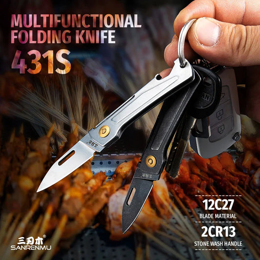 SANRENMU 431S Folding Pocket Knife – 12C27 Blade, Portable EDC Outdoor Camping Knife with Bottle Opener and Keychain Hole