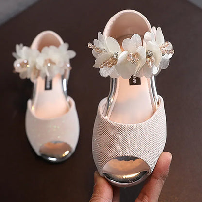 Girls Rhinestone Flower Pumps - Low Heel Princess Wedding & Party Dress Shoes for Kids
