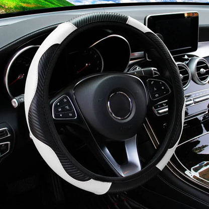 PU Carbon Fiber Leather Steering Wheel Cover — No Inner Ring, Fits 14.5-15 Inch Cars