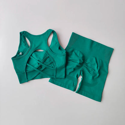 2-Piece Women’s Seamless Yoga Set – Sexy Sport Bra & High-Waist Shorts, Sleeveless Gym Fitness Workout Sportswear