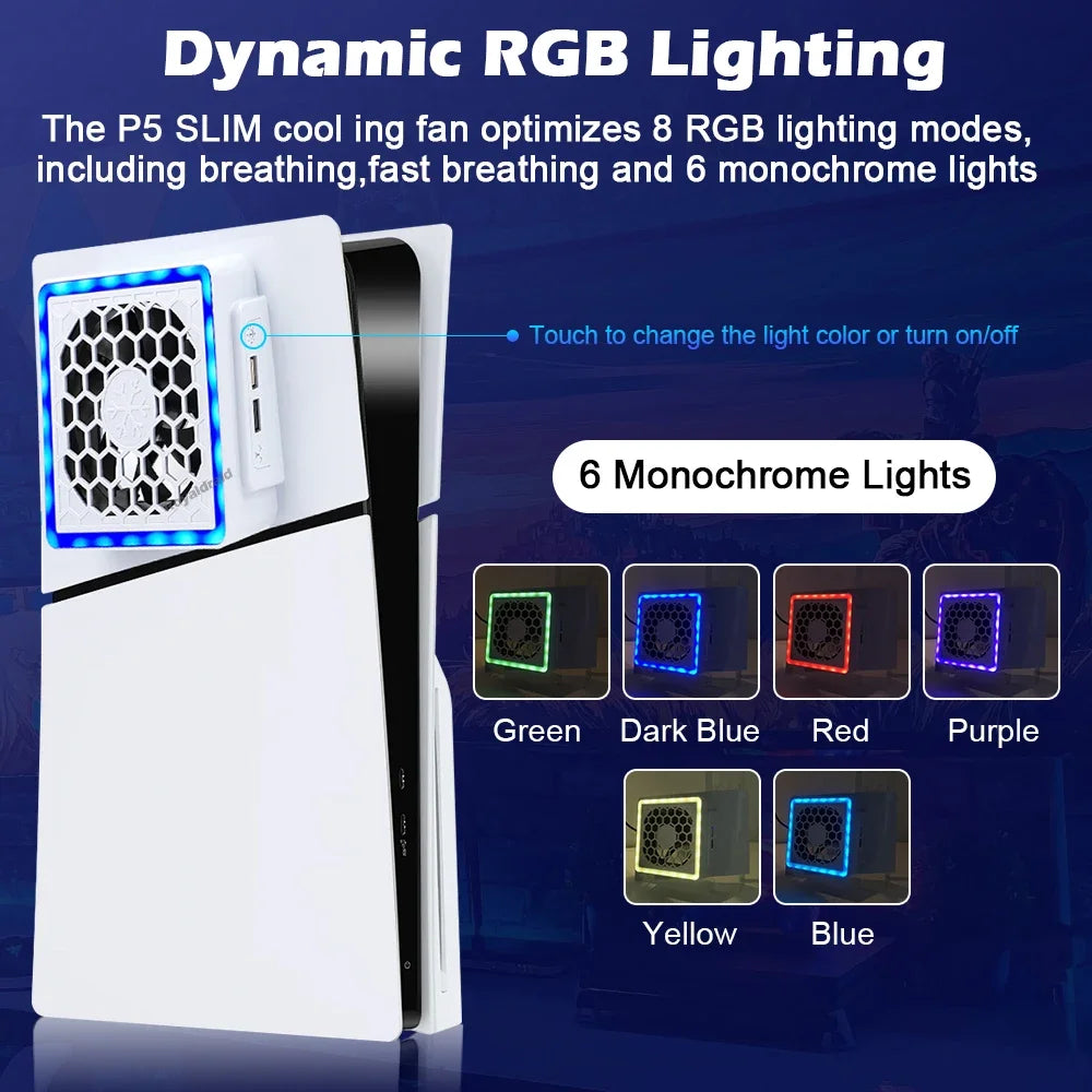 NEW Side-Mounted Cooling Fan for PS5 Slim – LED Light & 2 USB Ports Game Console Cooler Accessory