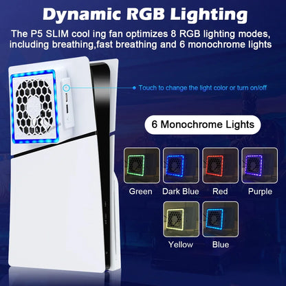 NEW Side-Mounted Cooling Fan for PS5 Slim – LED Light & 2 USB Ports Game Console Cooler Accessory