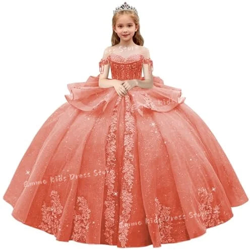 Lace Flower Girl Dress - 3D Floral Appliqué, Beading & Long Bow Ball Gown