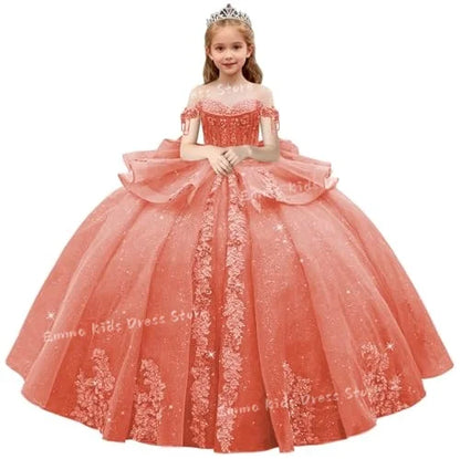 Lace Flower Girl Dress - 3D Floral Appliqué, Beading & Long Bow Ball Gown