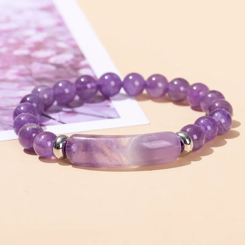 JD Natural Stone Tiger Eye & Amethyst Rectangle Bar Charm Bracelet – Healing Crystal Rough Chakra Jewelry for Men & Women Elastic Wrist Band