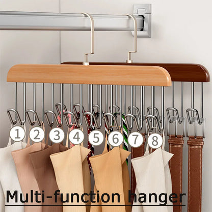 I KNOW 8-Hook Wood Clothes Hanger – High-Quality, Strong, Non-Slip Multi-Function Hanger for Caps, Belts & Household Use