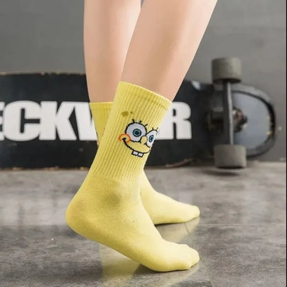 5-Pair SpongeBob Anime Cotton Socks — Breathable Long Tube Mid-Calf Socks for Boys & Girls, Comfortable Student Gift