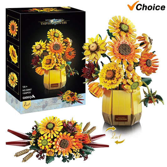 1328PCS Sunflower Building Blocks Set – Creative Flower Bouquet Vase Model for Home Decor & Kids Gifts