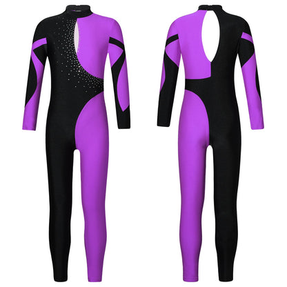 Kids Girls Long Sleeve Rhinestone Bodysuit — Full Body Dancewear Gymnastics Leotard Skating Jumpsuit