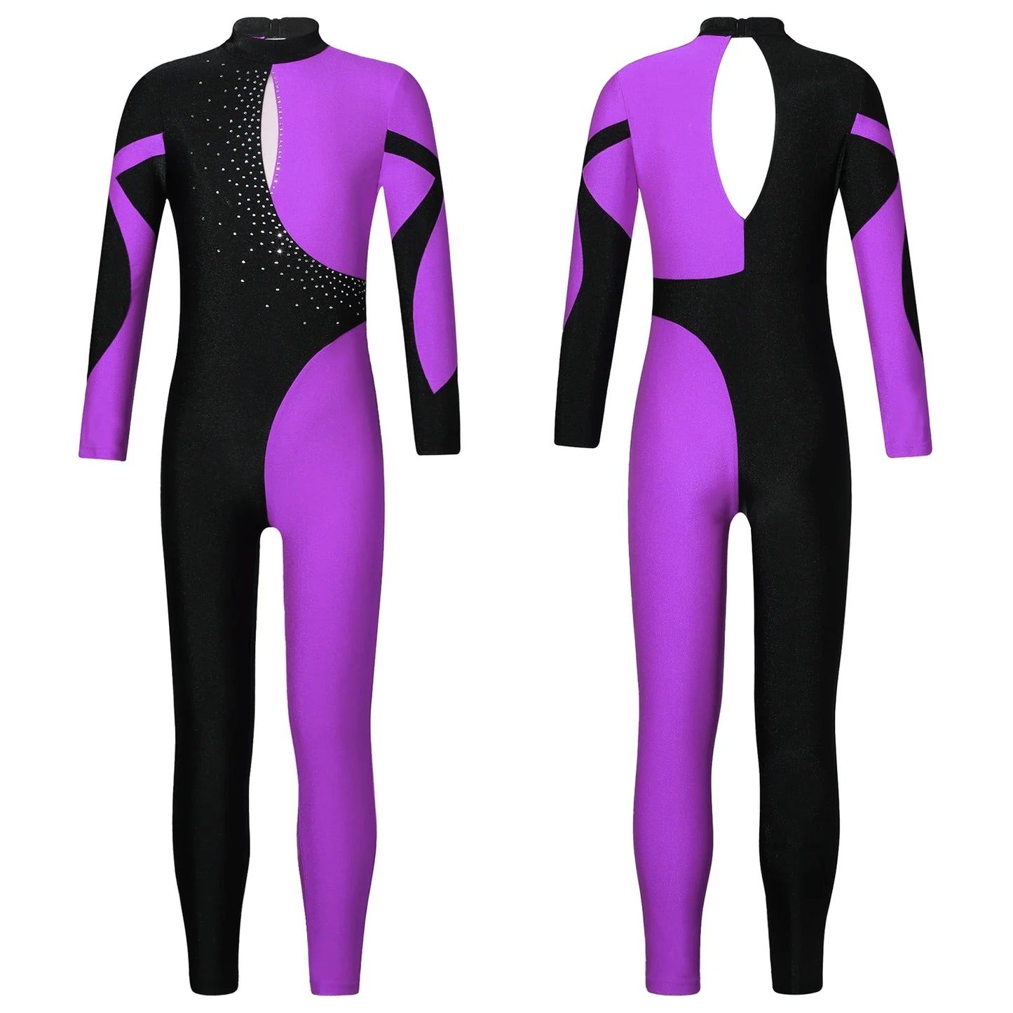 Kids Girls Long Sleeve Rhinestone Bodysuit — Full Body Dancewear Gymnastics Leotard Skating Jumpsuit