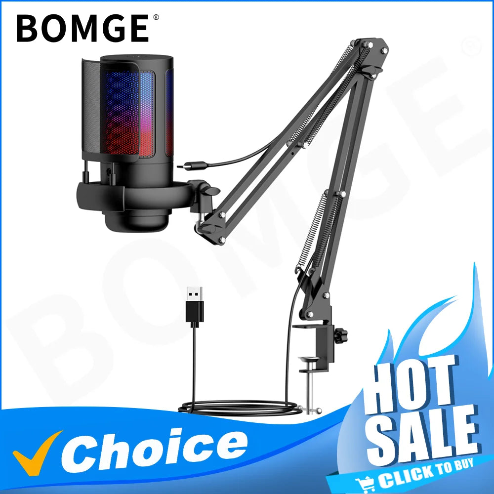USB RGB Condenser Microphone with Metal Boom Stand – Gaming & Studio Recording Desktop Mic for Esports and Calls