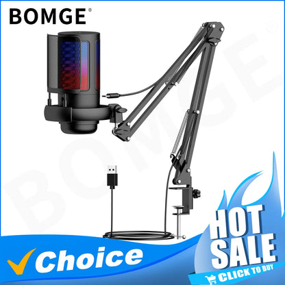 USB RGB Condenser Microphone with Metal Boom Stand – Gaming & Studio Recording Desktop Mic for Esports and Calls