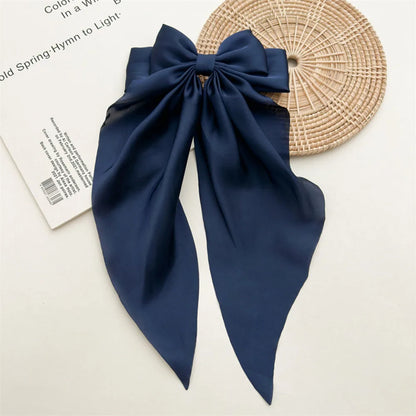 Ladies Satin Oversized Ribbon Bow Hair Clip – White, Pink, Red, Blue, Black, Long Tail Spring Clip for Ponytail Hair Accessories