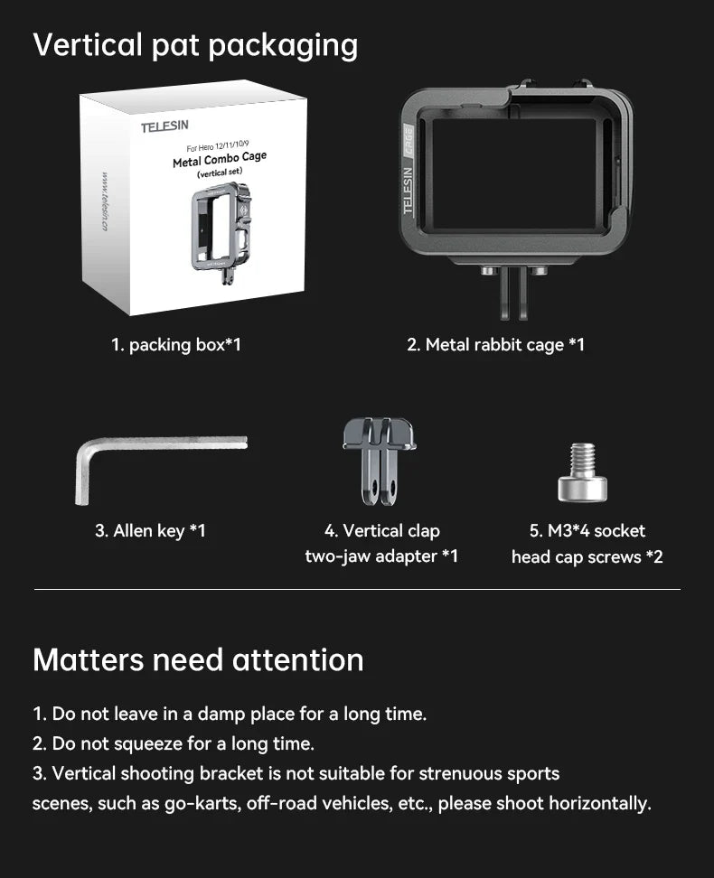 TELESIN Aluminum Alloy Cage for GoPro Hero 12/11/10/9 – Vlog Frame Case with Cold Shoe Mount & Protective Housing