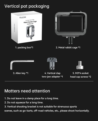 TELESIN Aluminum Alloy Cage for GoPro Hero 12/11/10/9 – Vlog Frame Case with Cold Shoe Mount & Protective Housing