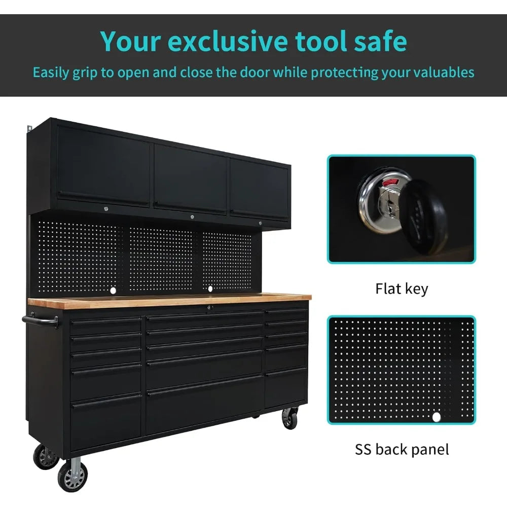 72-Inch Tool Chest Tool Box with 15 Drawers & 3 Upper Cabinets - Mobile Rolling Cabinet with Wheels, SS Pegboard, Locking Key Storage