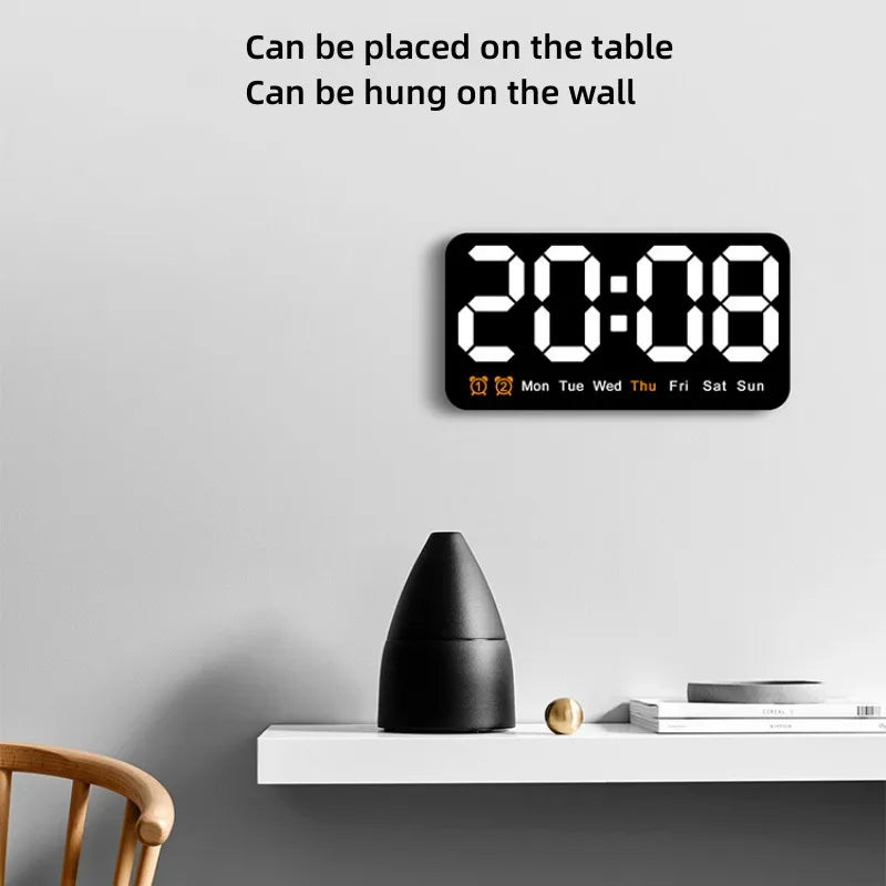 Voice Control Large Digital Wall Clock – LED Display with Temperature, Date, Week, DST, Snooze, Dual Alarm, 12/24H, Wall-Mounted or Table Use