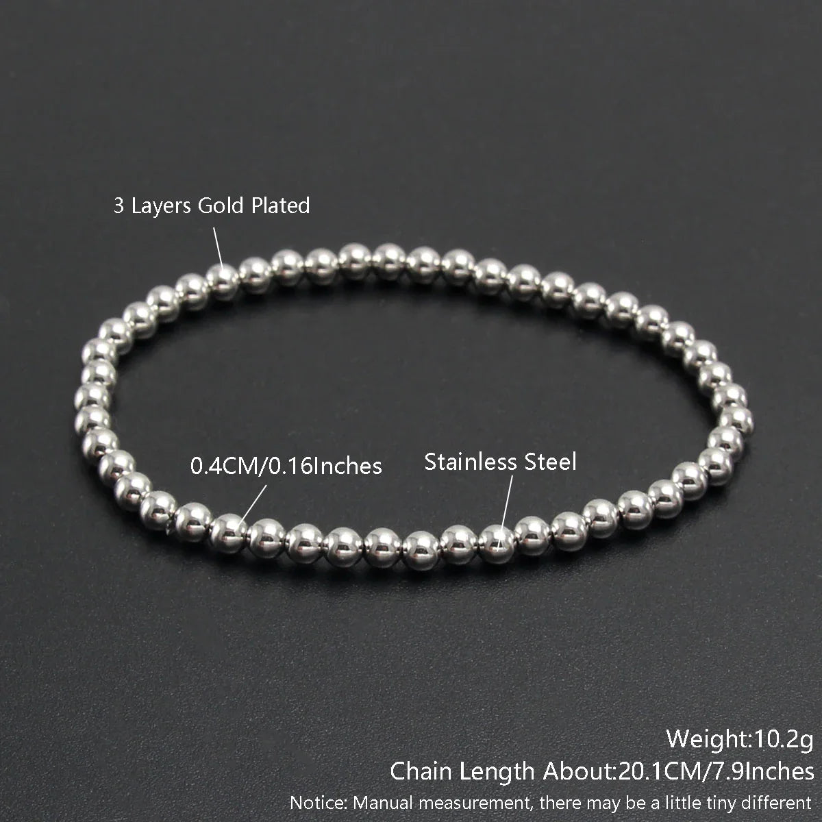 MHS.SUN Trendy Stainless Steel Stretch Bracelet — Gold & Silver Beaded 2mm/5mm/8mm for Men & Women