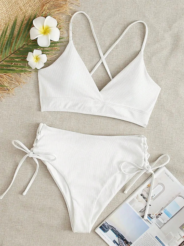 Cikini V-Neck Split Bikini Set – Sexy Lace-Up Triangular Solid Color Swimwear for Women