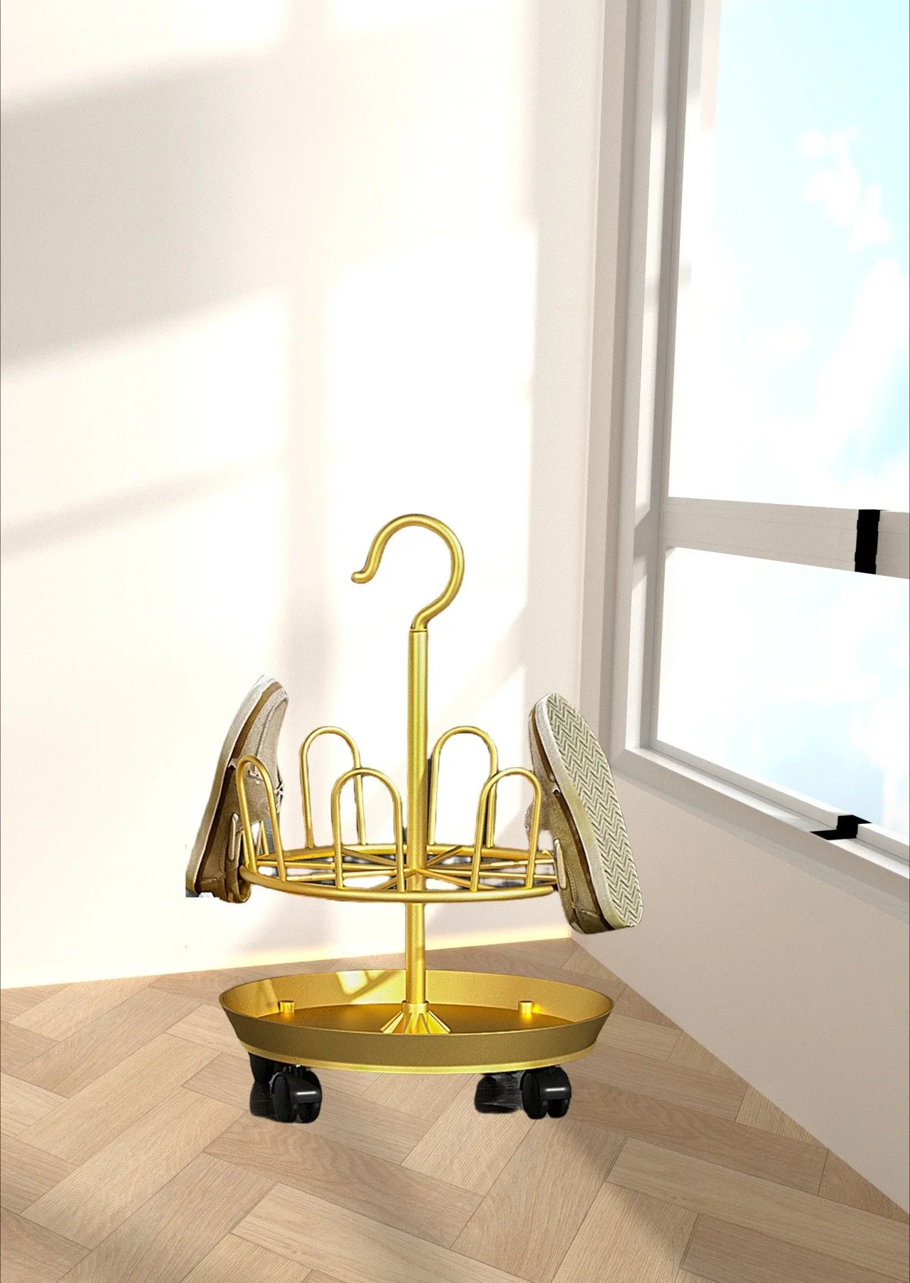 Drying Shoe Rack with Drain Plate – Floor-to-Ceiling Rotating Shoe & Slipper Hanger, Balcony Storage Shelf Organizer