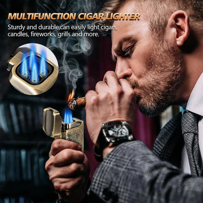 4 Jet Flame Cigar Lighter – Refillable Butane Lighter with V-Cut Cutter, Punch, Holder & Draw Enhancer