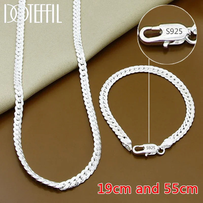 DOTEFFIL 925 Sterling Silver Side Chain Necklace & Bracelet – 6mm, 8-24 Inch, Fashion Charm Wedding Jewelry for Women & Men