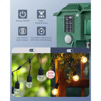 Outdoor Waterproof Power Stake Timer — 6-Grounded Outlets with 100FT Cord, Remote & Dusk-to-Dawn Photocell