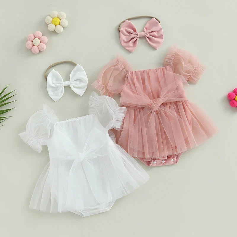 Baby Girl Princess Tulle Romper - Puff Sleeve Birthday Jumpsuit with Headband, 0–24 Months
