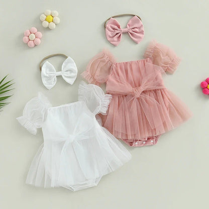 Baby Girl Princess Tulle Romper - Puff Sleeve Birthday Jumpsuit with Headband, 0–24 Months