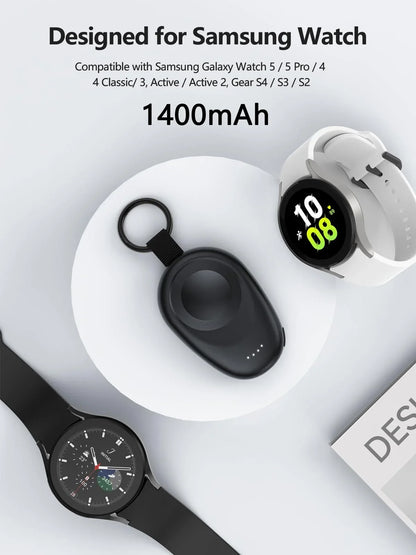 1400mAh Magnetic Keychain Power Bank — Portable Wireless Charger for Galaxy Watch 7/Ultra/6/6 Classic/5 Pro/4/3 & Active 2
