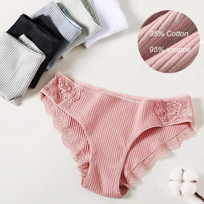 Floral Lace Cotton Women’s Panties - Comfortable Briefs, Solid Color Underwear, 3PCS/Set, Sizes M-XXL