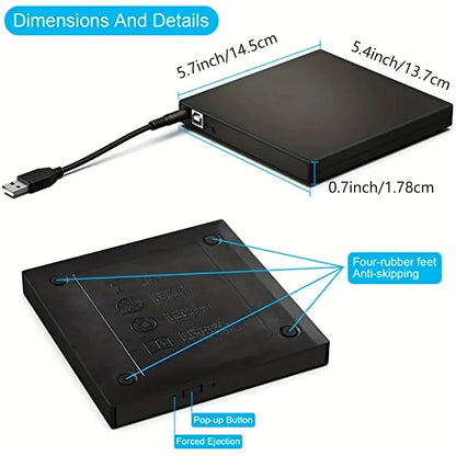 USB 3.0 Type-C External CD/DVD Drive – Slim USB 2.0 CD-RW/DVD-ROM Player for Laptops & Desktop PCs