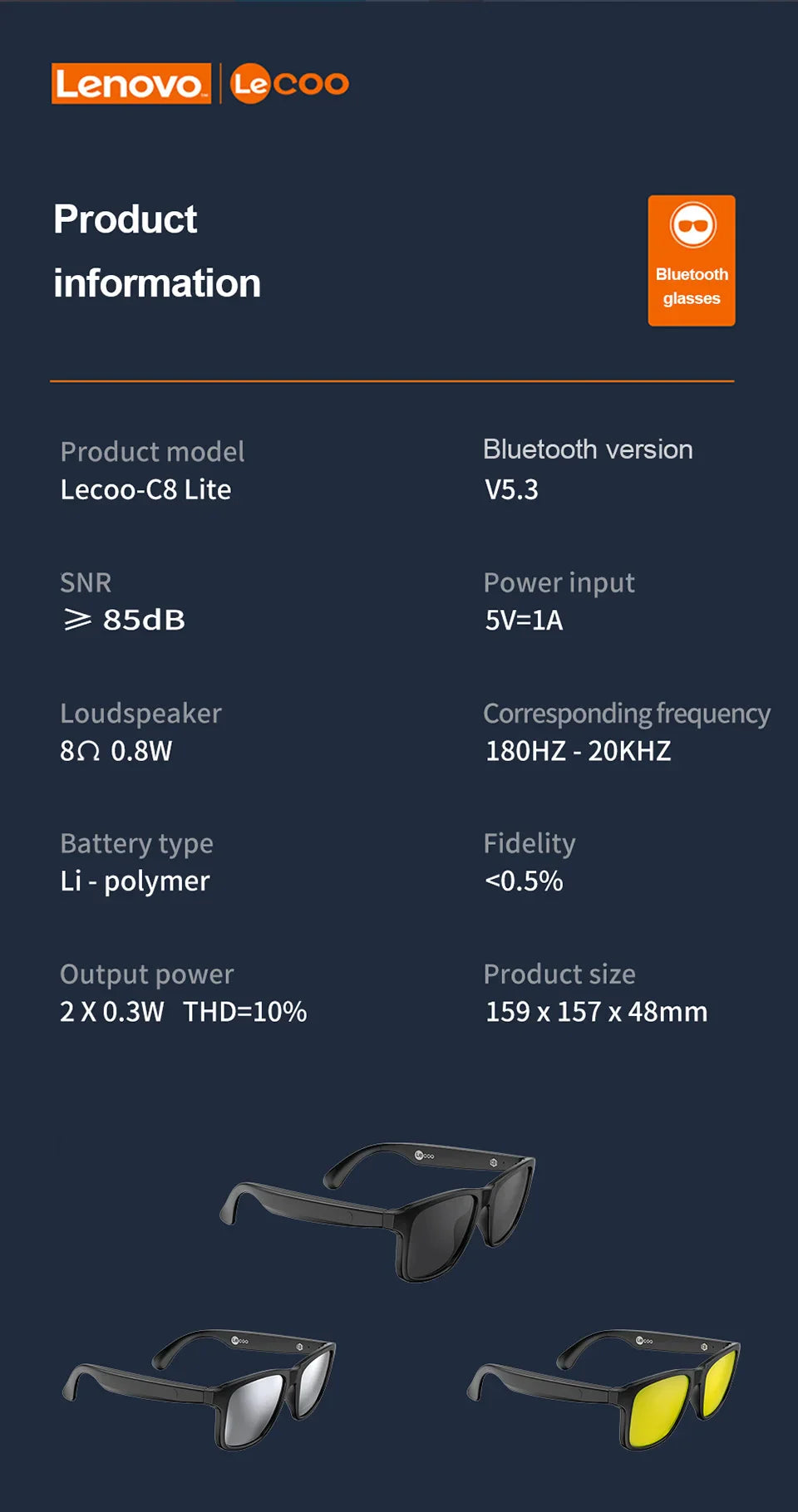 Lenovo Lecoo C8 Lite Bluetooth 5.3 Sunglasses – Wireless HiFi Earphones, HD Calls, Anti-Blue Light for Outdoor & Driving